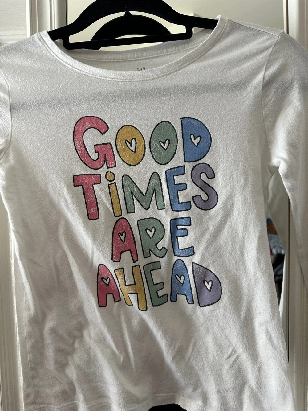 GAP White Long Sleeve Tee with Multicolor 'Good Times Are Ahead' Graphic